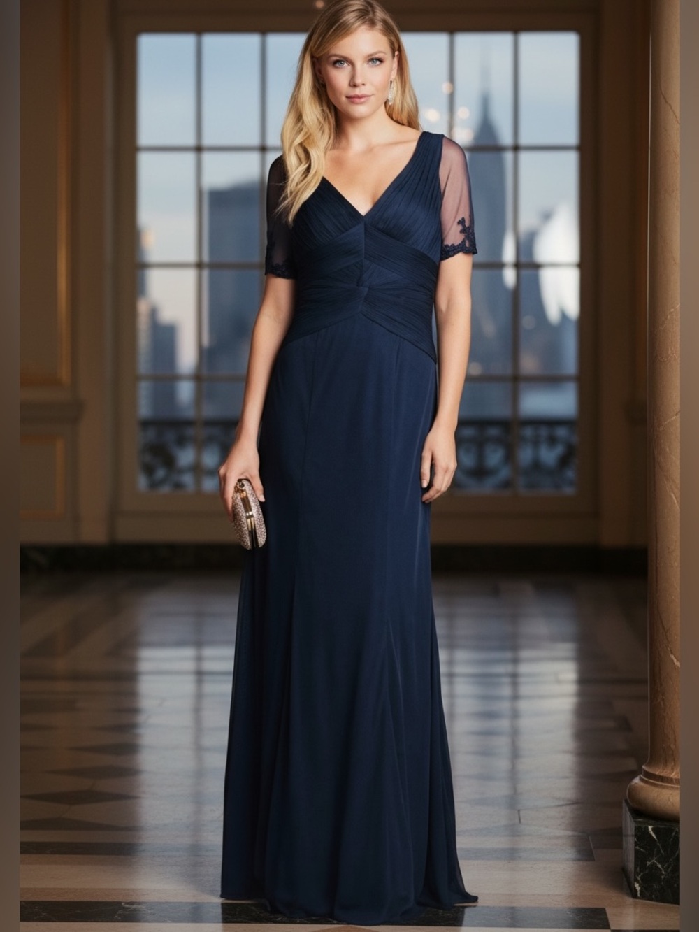 Adrianna Papell Navy Beaded Sleeve Mermaid Formal Gown NWT Size 18